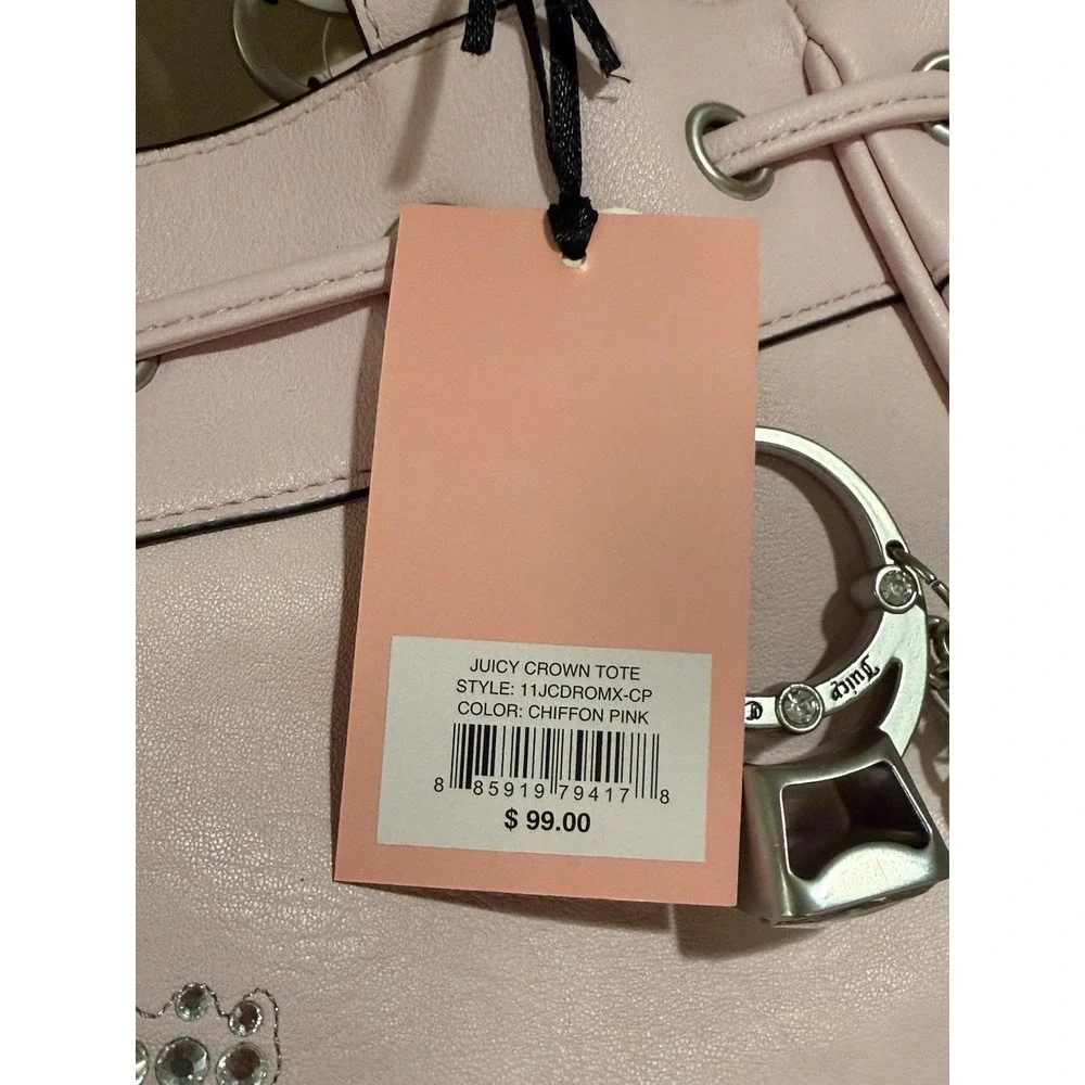 Juicy Couture Crown Tote Bag Chiffon Pink Faux‎ Leather Crystal JC Crest HTF
